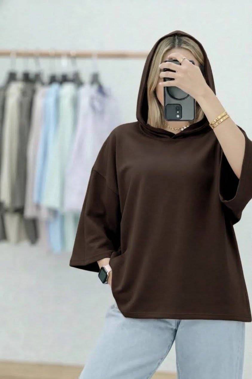 تیشرت کلاهدار باکسی نخ پنبه فری سایز تا ۴۴